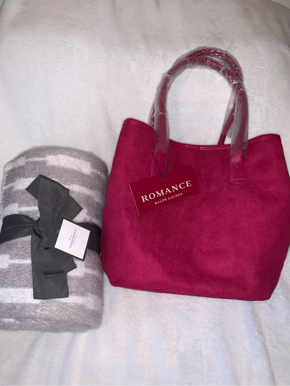 Ralph Lauren Red Faux 
Suede Tote & Threshold Throw NEW WITH TAGS